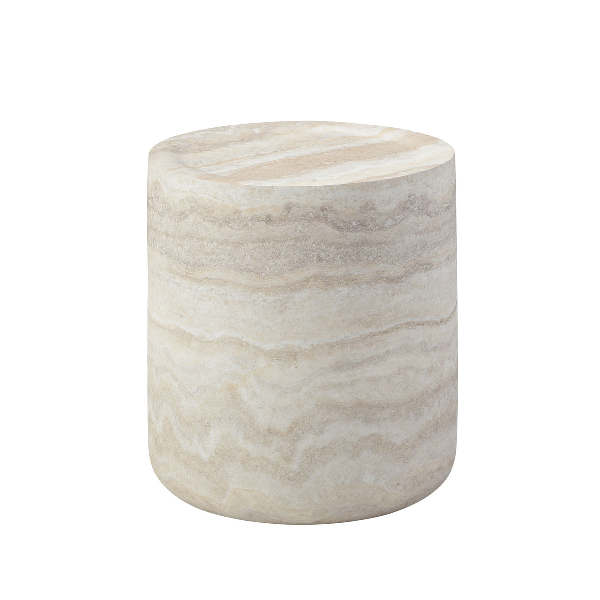 Beige Fiberglass Travertine-Look Drum Side Table, 15.8 in, 17.5 in Tall