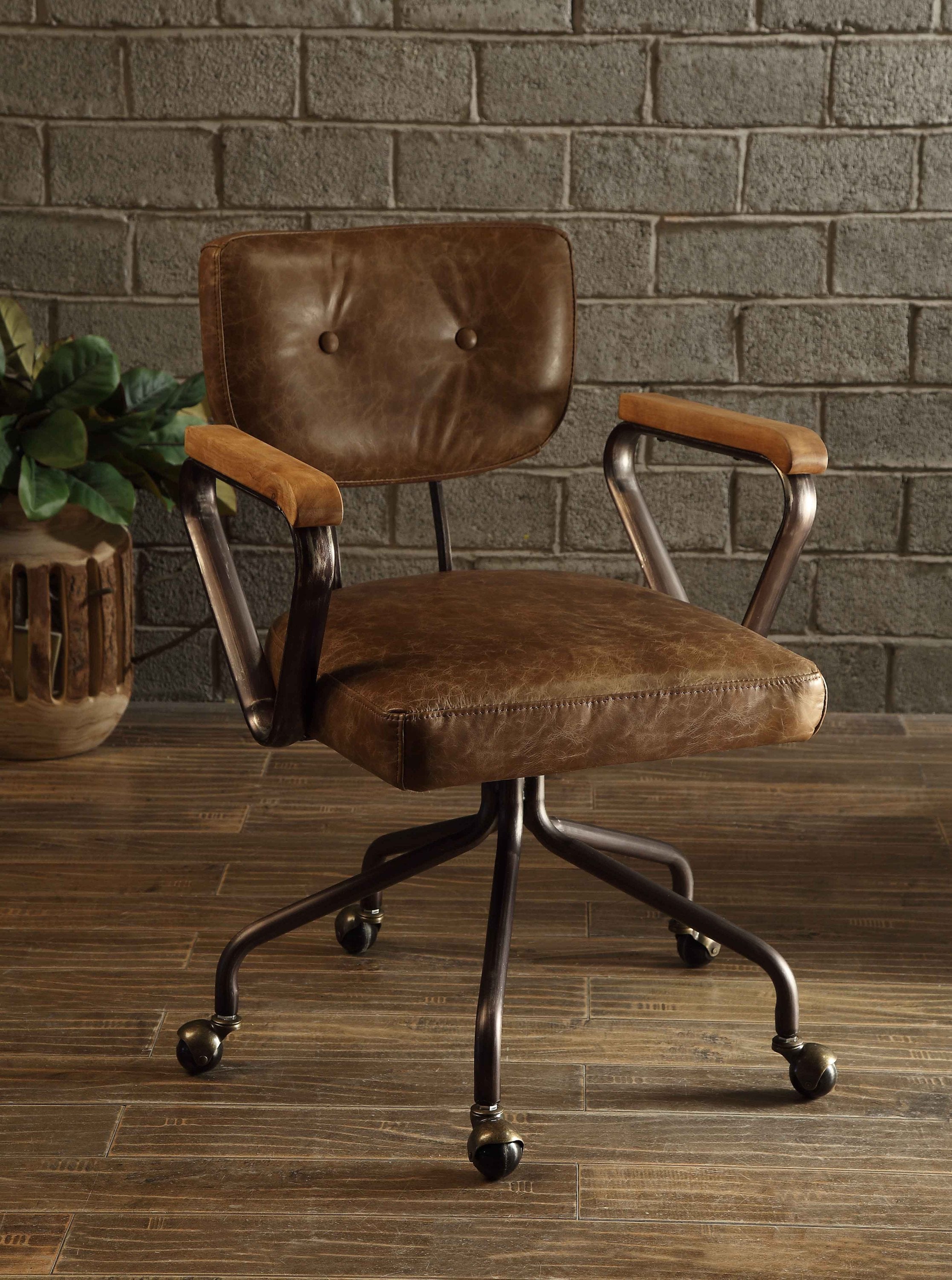Brown Top Grain Leather Office Chair, Swivel, 220 lb
