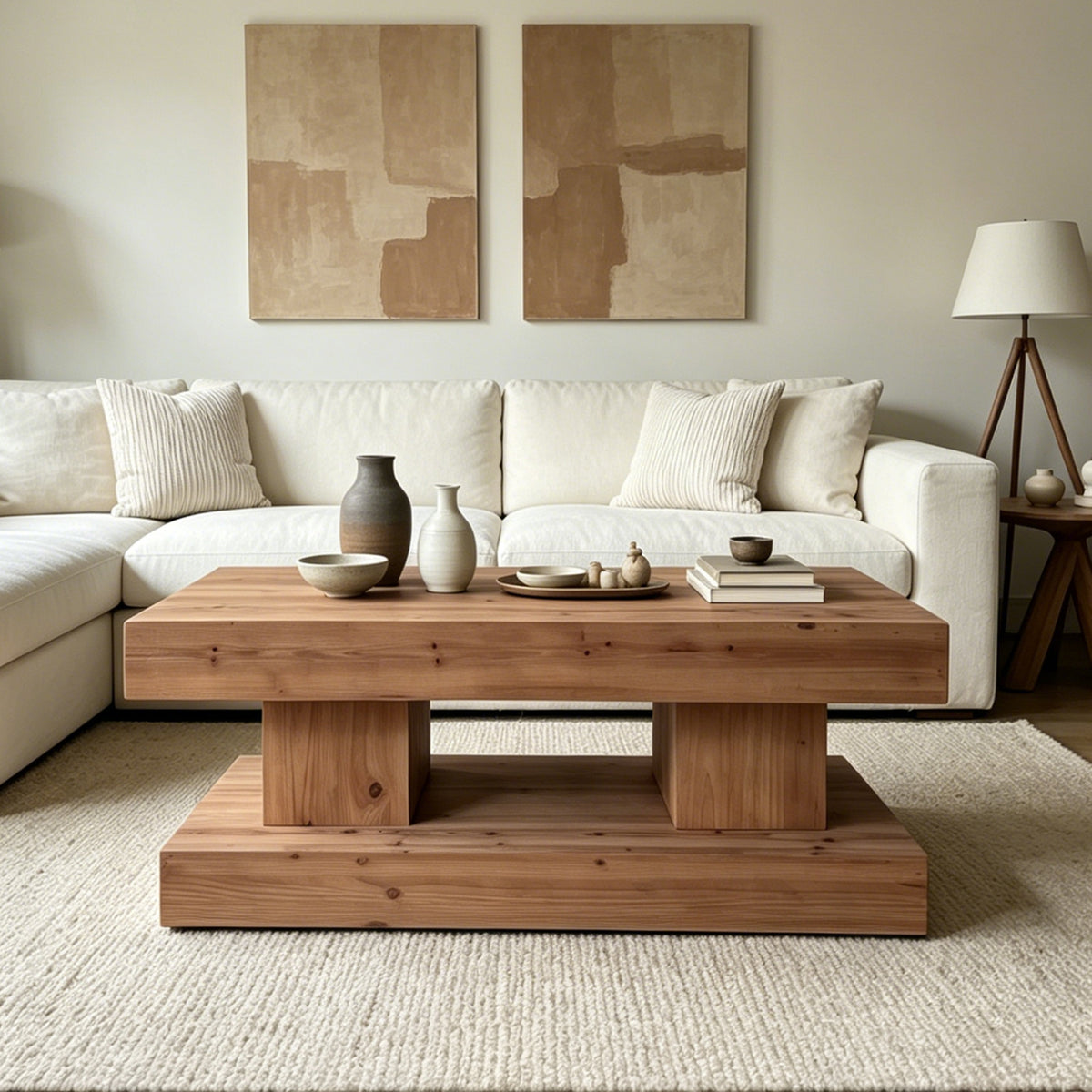 Brown Solid Wood Rustic Double Pedestal Coffee Table, 47.2 in