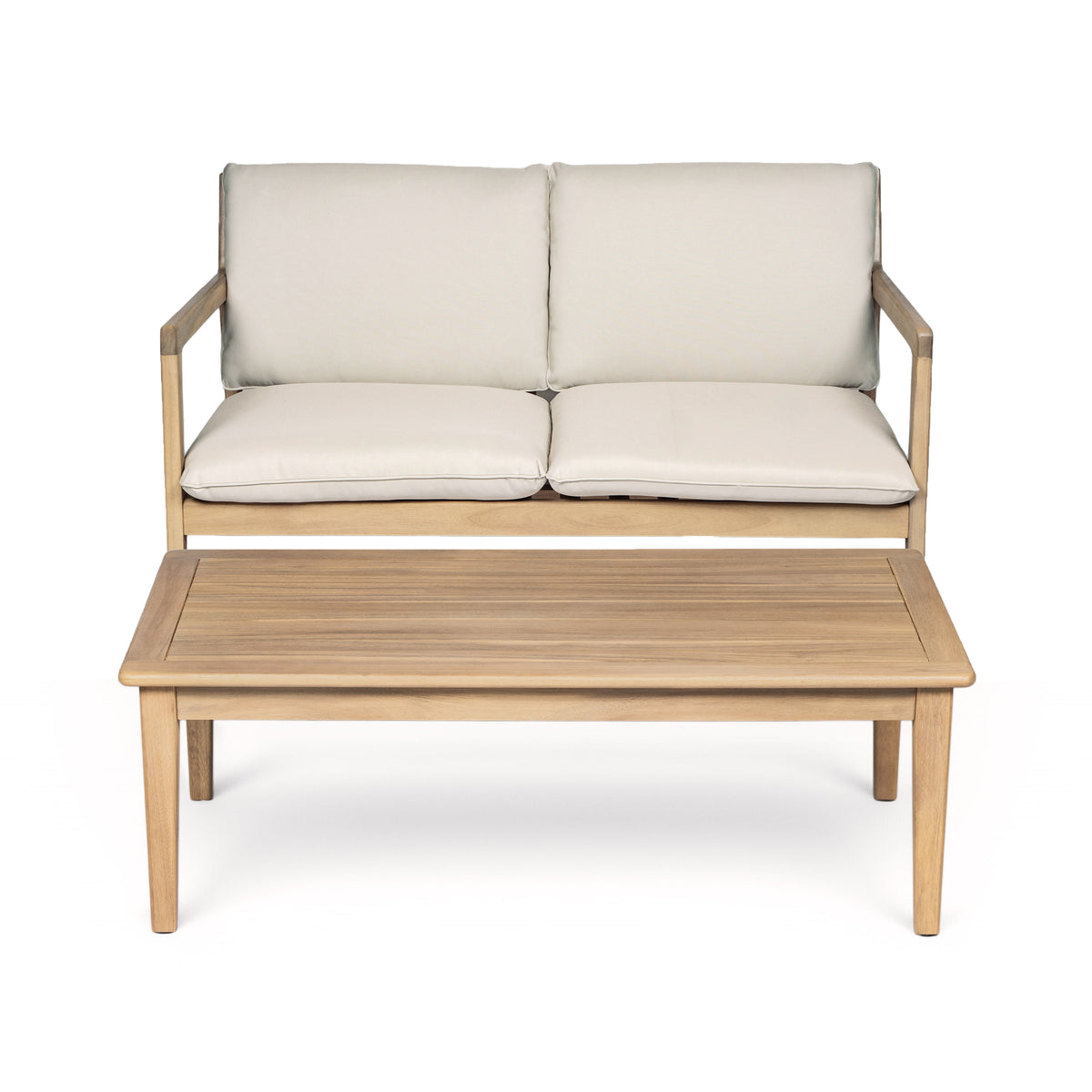Teak Finish Solid Wood Outdoor Sofa Set for 2 with Beige Cushions