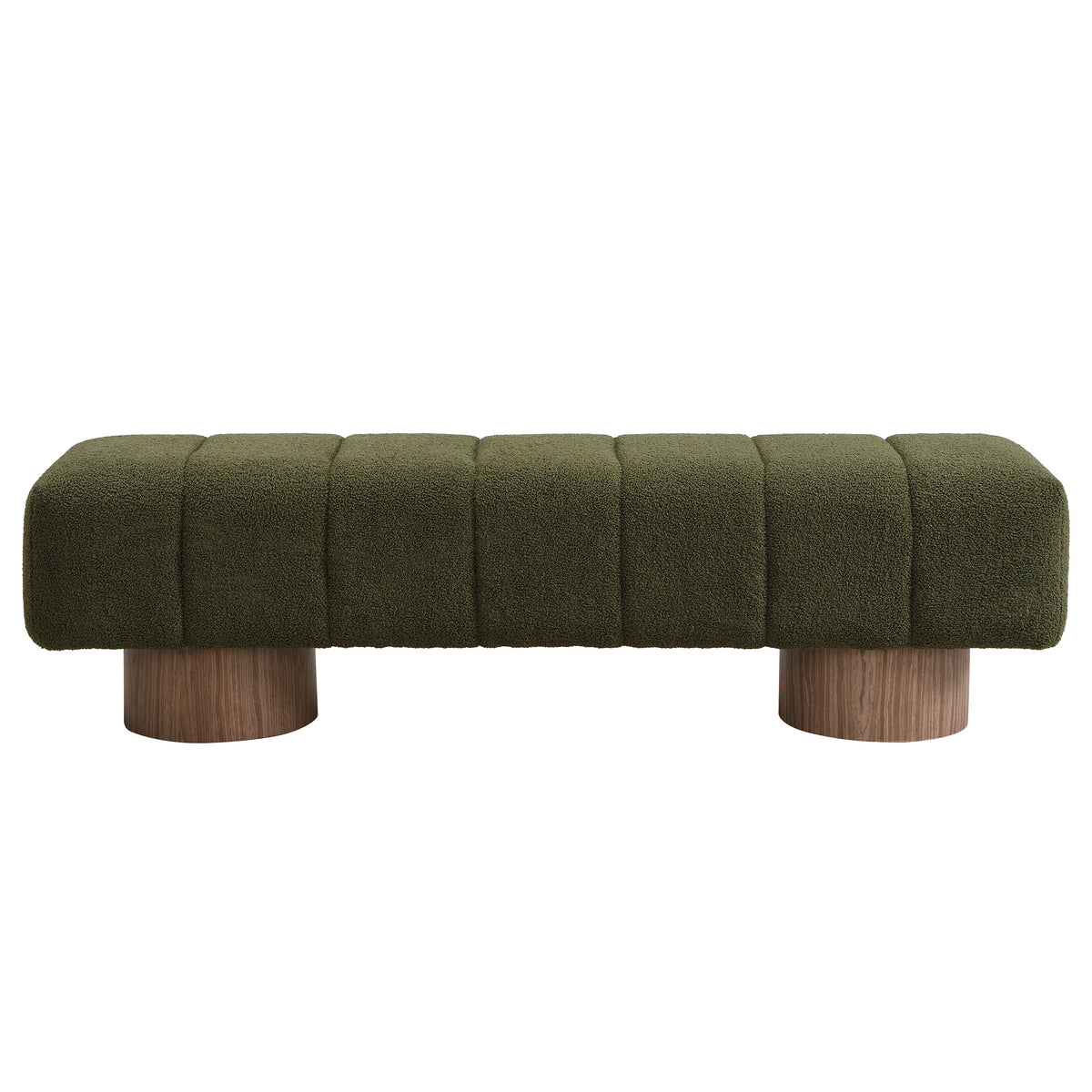 Upholstered Bench 64 Inch, Green Boucle with Wood Pedestal Base