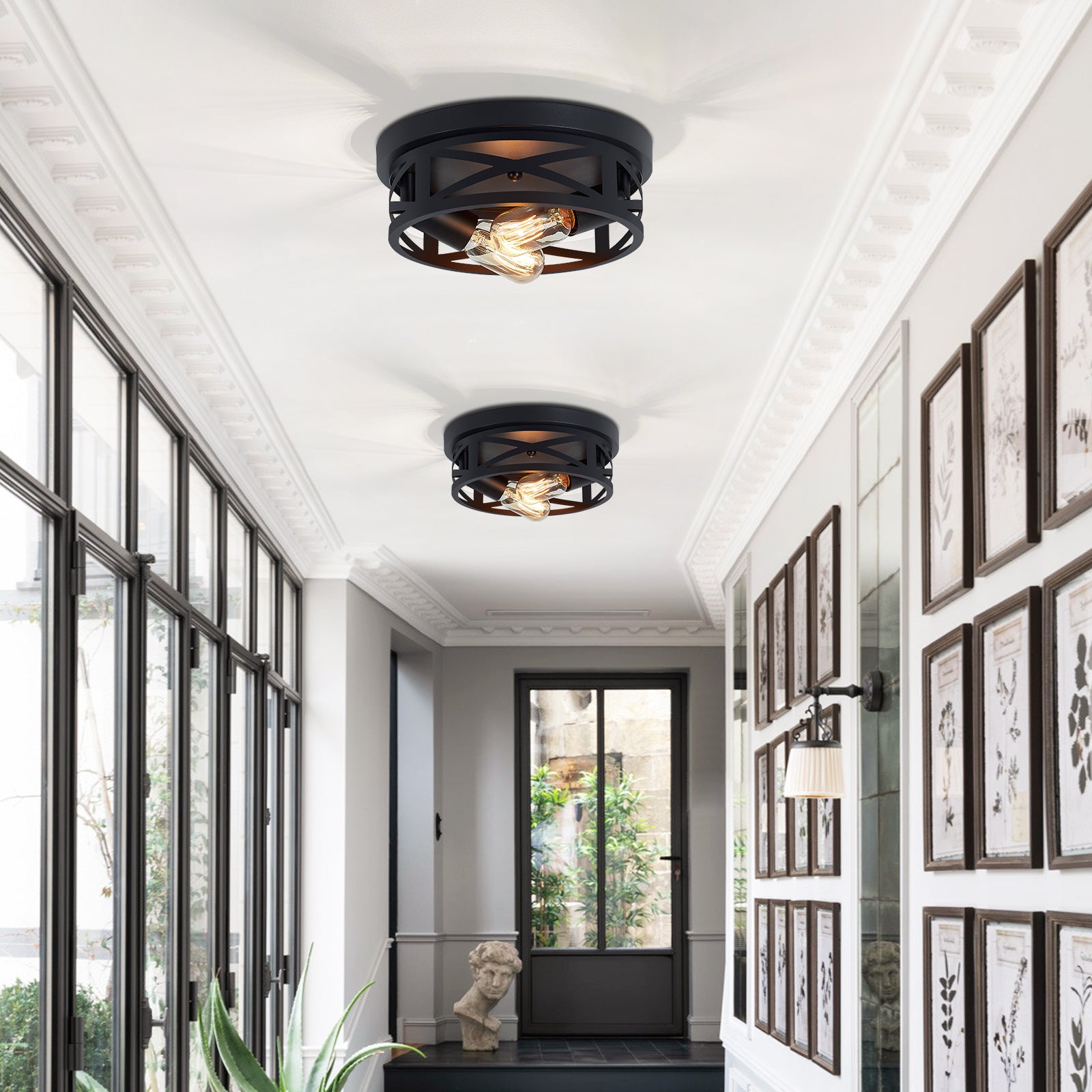 Flush Mount Light, 2-Light Crisscross Cage, Set of 2, Matte Black