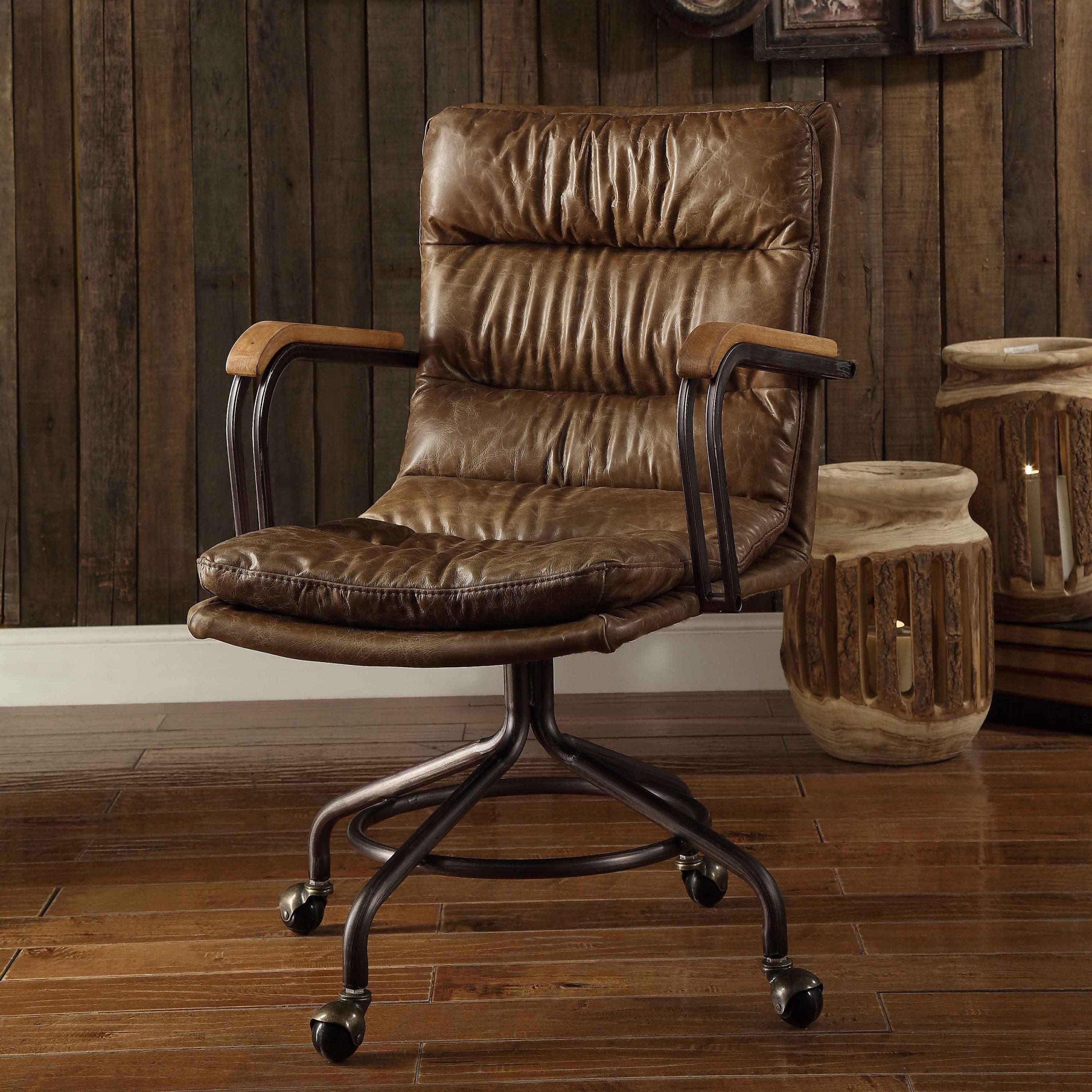 Vintage Whiskey Genuine Leather Office Chair, Swivel, 36.5 in Tall