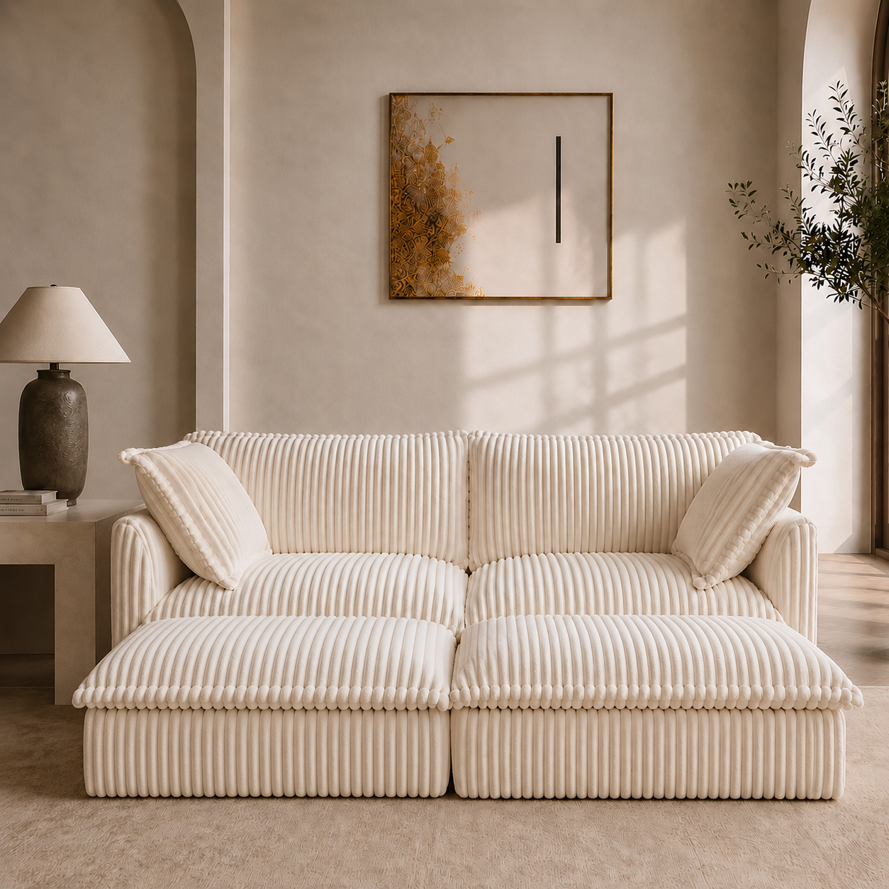 Fluffy 2-Seat Modular Sofa in Corduroy Cream with 2 ottomans, lifestyle photo #OttOnly_2 #Fabric_Corduroy Cream