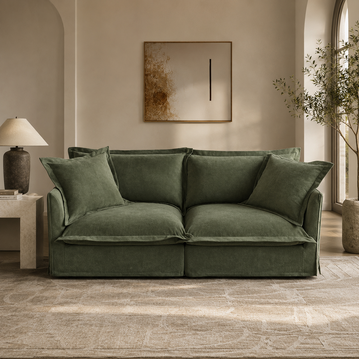 Fluffy 2-Seat Modular Sofa in Chenille Olive, lifestyle photo #OttOnly_0 #Fabric_Chenille Olive