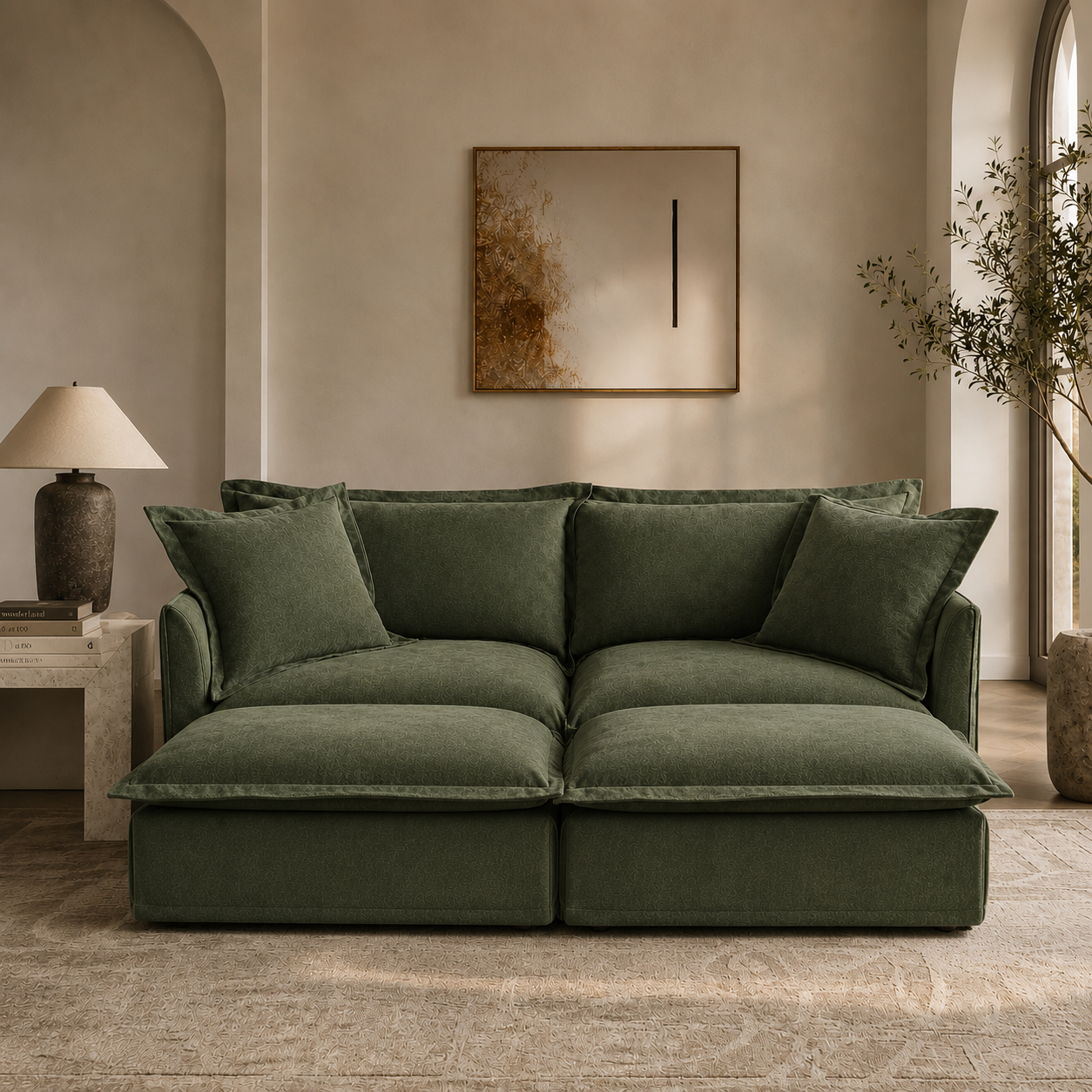 Fluffy 2-Seat Modular Sofa in Chenille Olive with 2 ottomans, lifestyle photo #OttOnly_2 #Fabric_Chenille Olive
