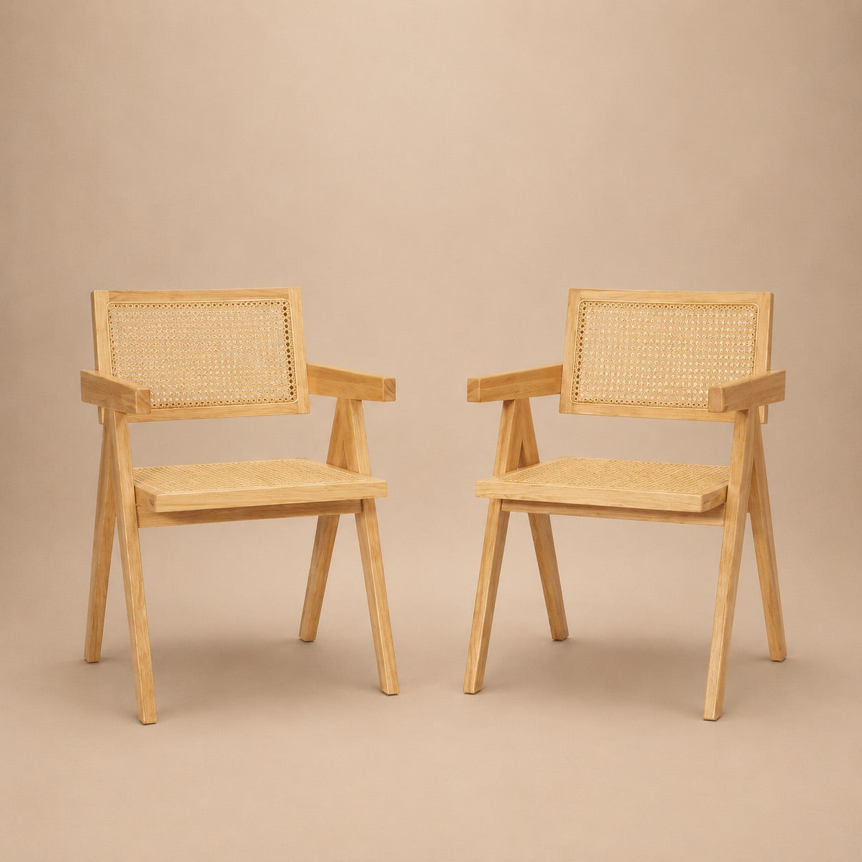 Rattan Dining Chairs – Set of 2, Solid Wood & Natural Stain