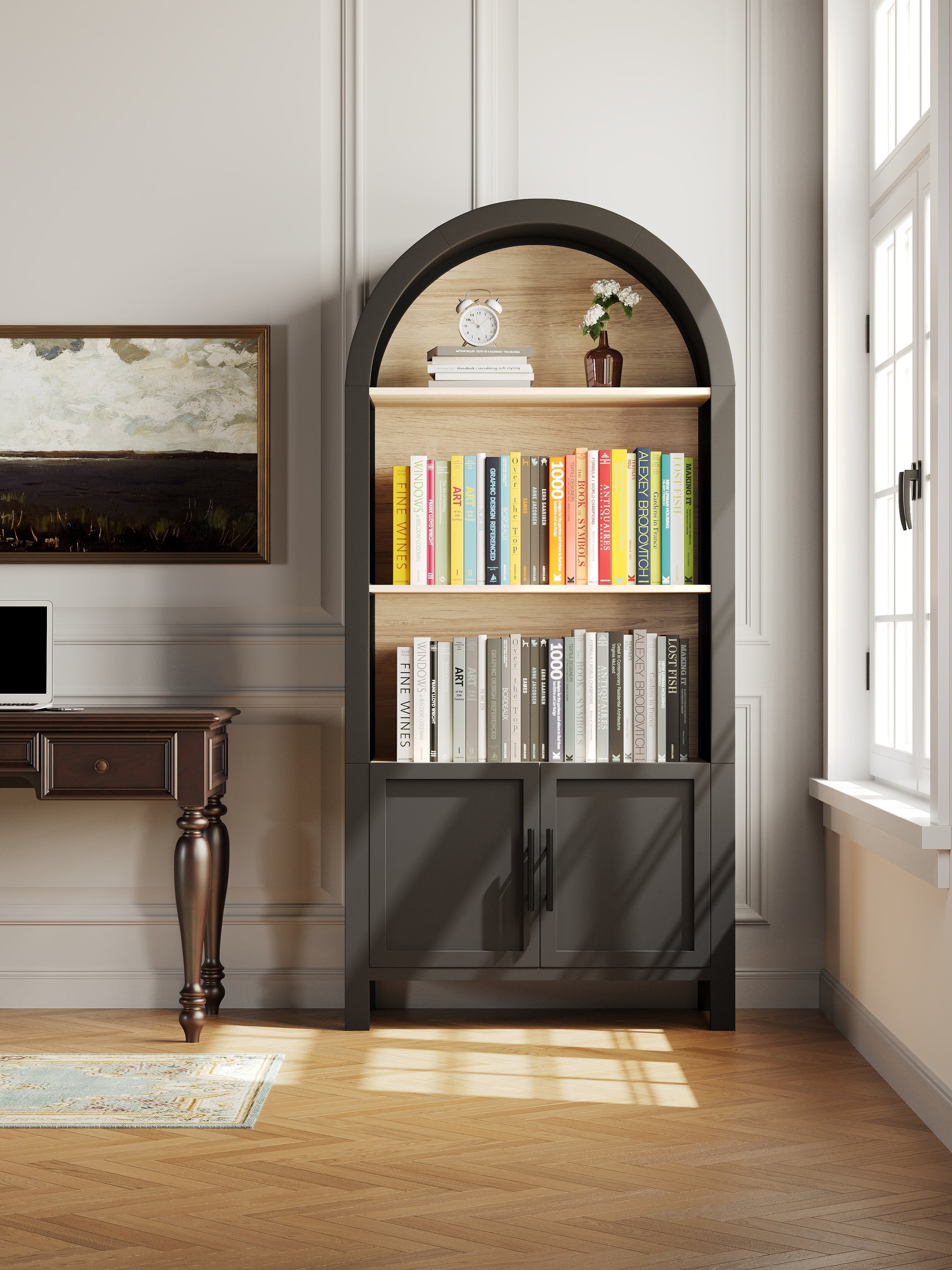 Mid-Century Solid Wood Bookcase, 3 Shelves, 66.7 in Tall, Black